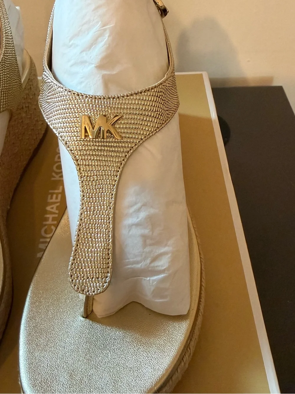 Michael Kors Pale Gold Wedge Espadrille Thong Sandals
